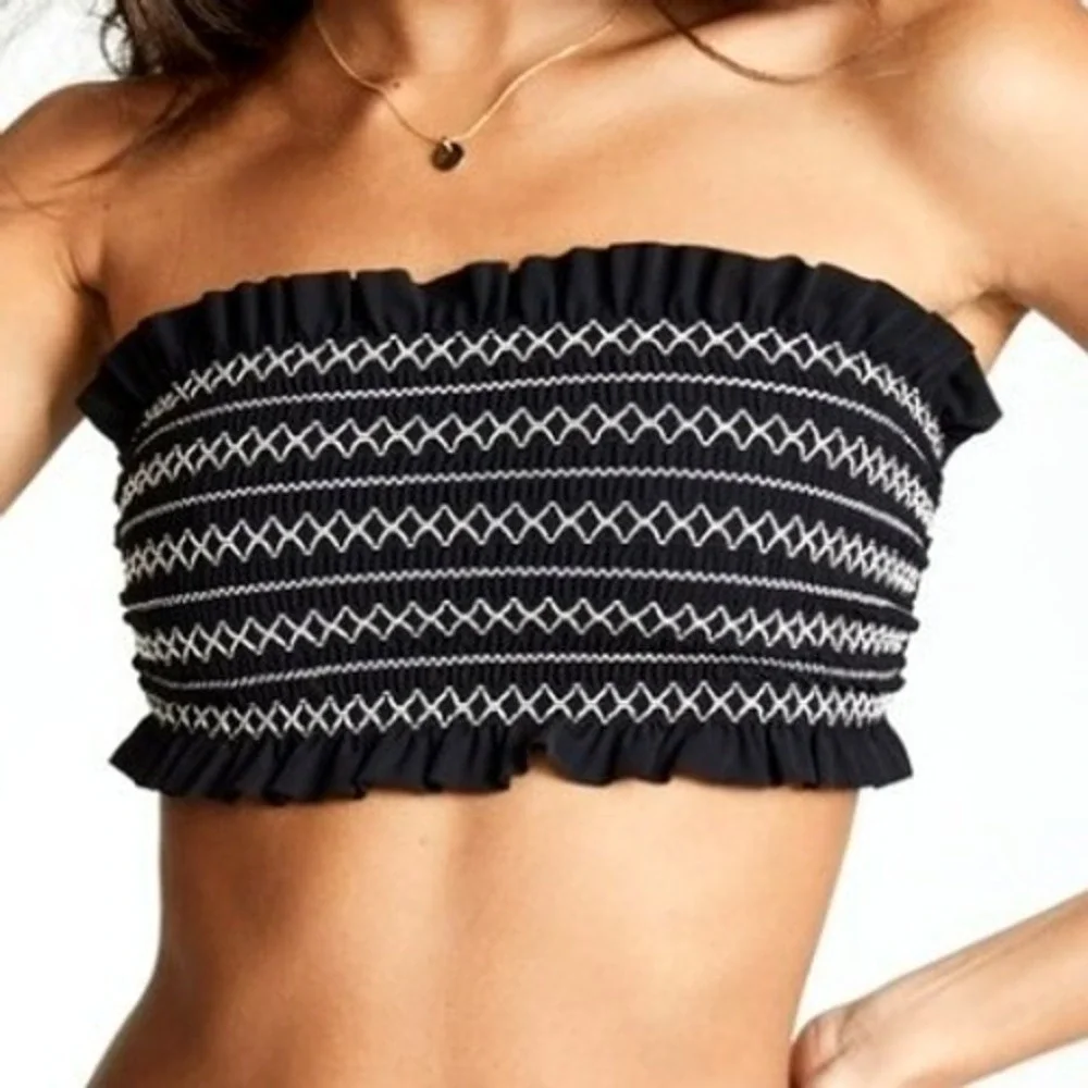 TORY BURCH NEW Small Black White Smocked Embroidered Bandeau Costa Bikini Top